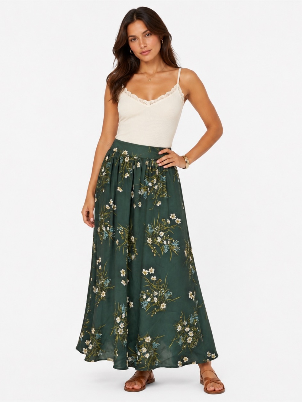 Rachel Zoe Women's Maxi Skirt Size S Green Satin Floral Botanical Garden Modest